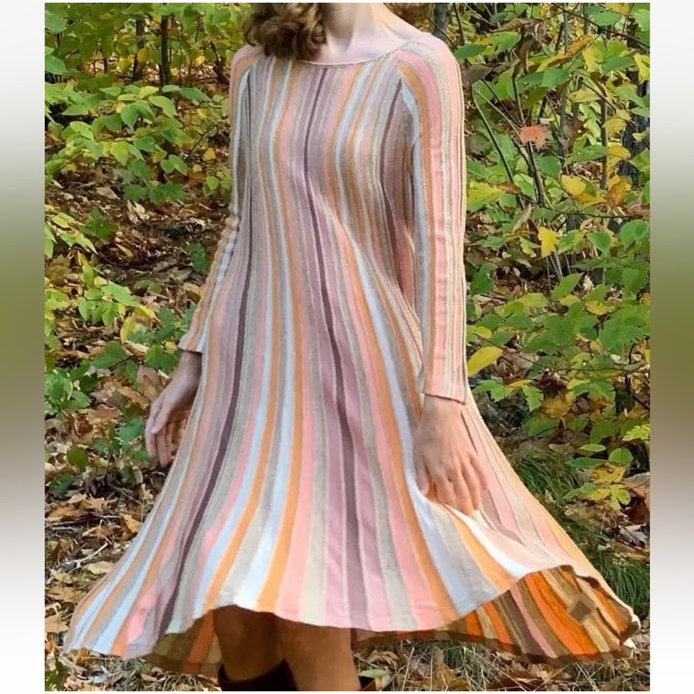 Anthropologie Moth Striped Earth Tone Swing Long Sleeve Knit Dress Winter S